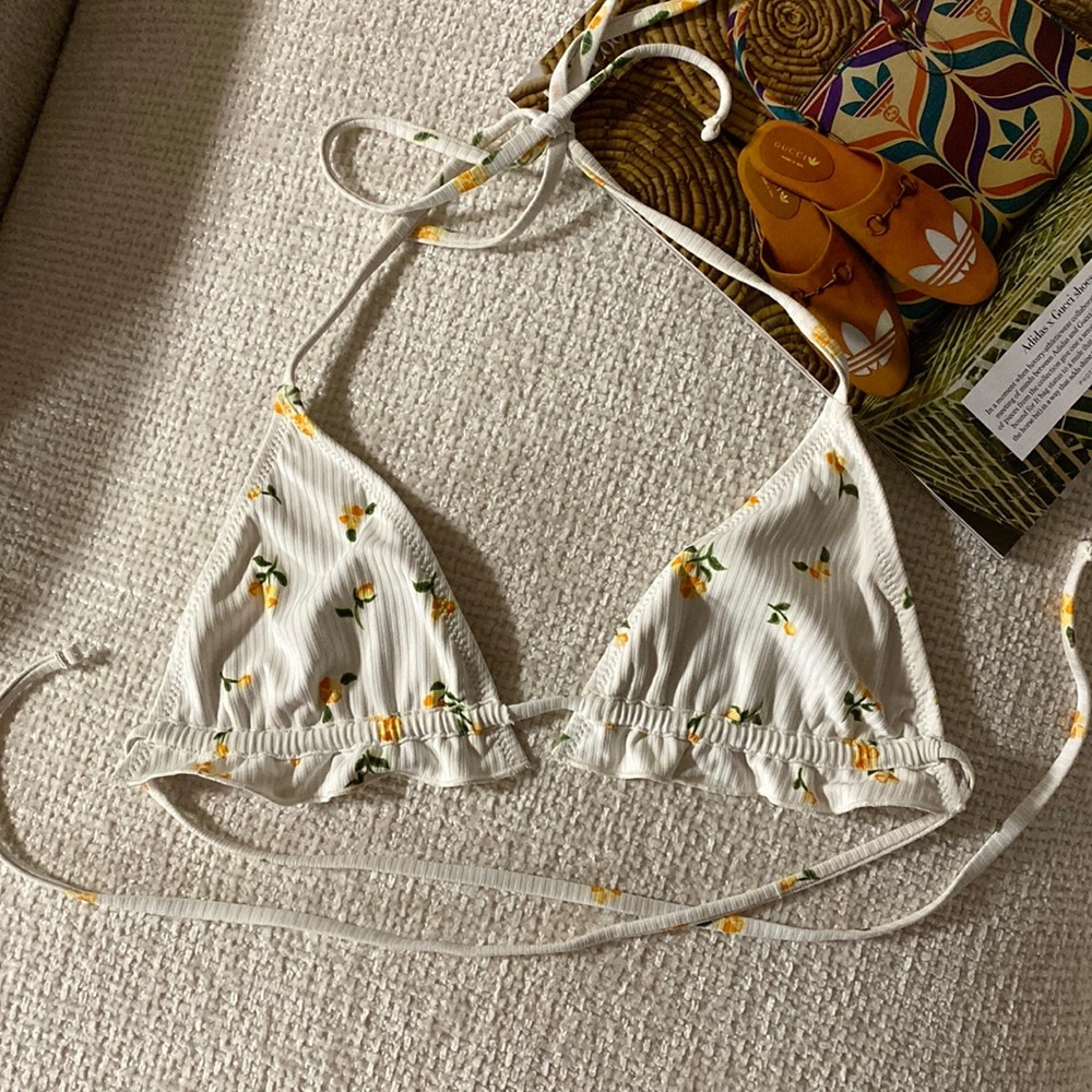 White Flower Triangle Bikini Top